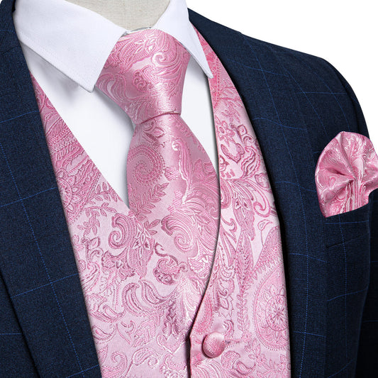 Light Pink Paisley Silk Vest Set vest set S (Chest 40")   - Sophisticated Gentlemen