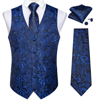 Blue Navy Black Paisley Silk Vest Set vest set    - Sophisticated Gentlemen