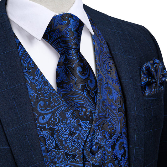 Blue Navy Black Paisley Silk Vest Set vest set S (Chest 40")   - Sophisticated Gentlemen