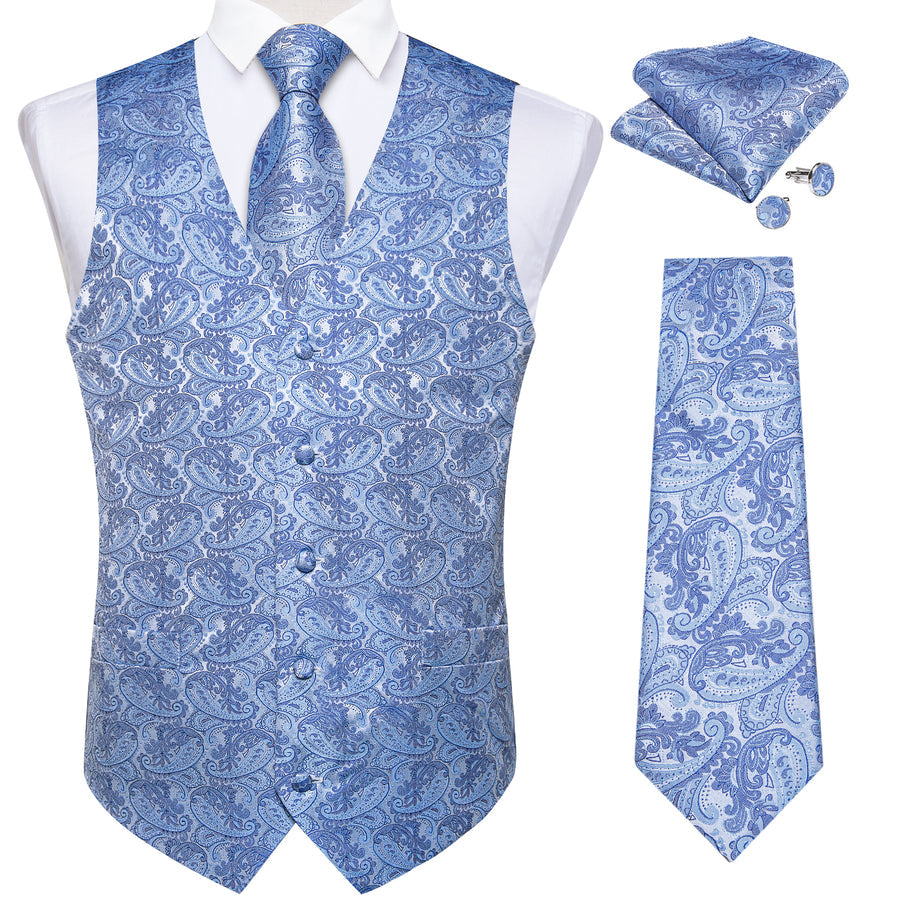 Baby Blue Paisley Silk Men's Vest Set vest set    - Sophisticated Gentlemen