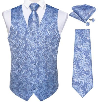 Baby Blue Paisley Silk Men's Vest Set vest set    - Sophisticated Gentlemen
