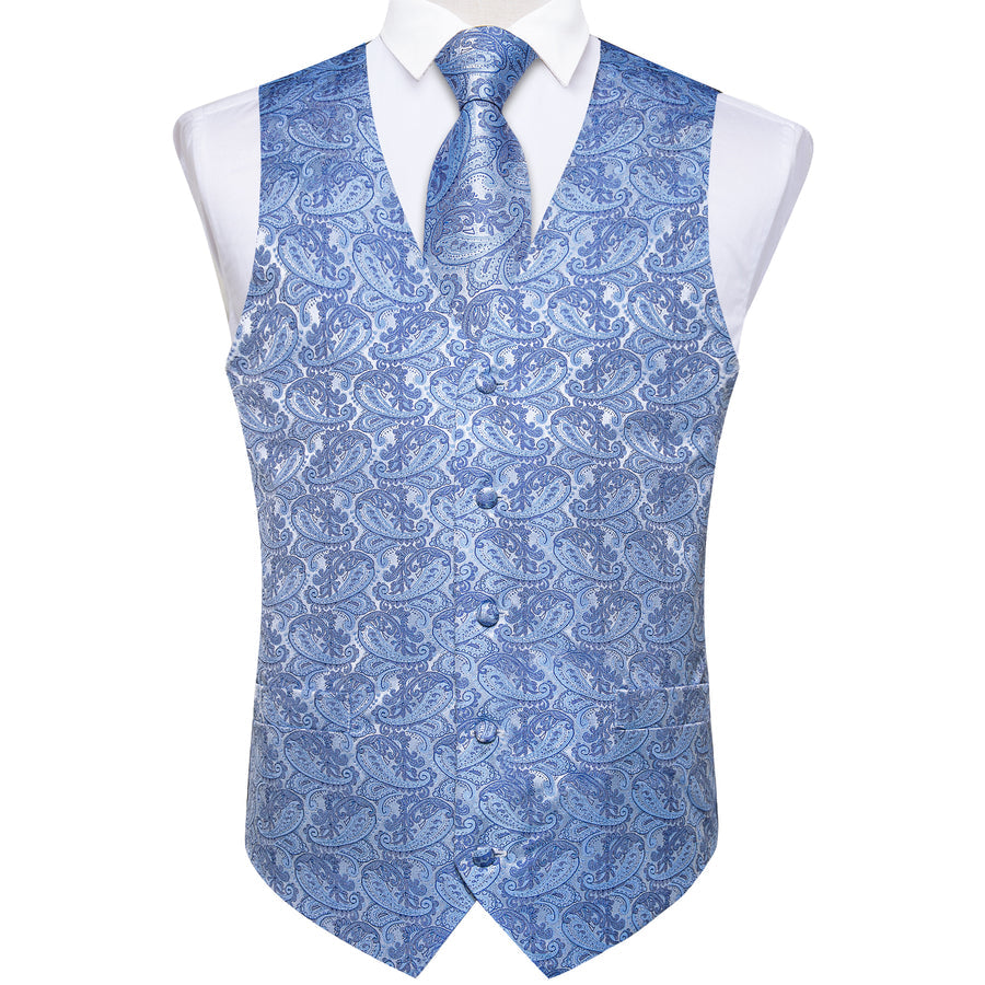 Baby Blue Paisley Silk Men's Vest Set vest set    - Sophisticated Gentlemen