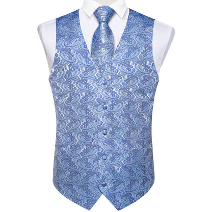 Baby Blue Paisley Silk Men's Vest Set vest set    - Sophisticated Gentlemen