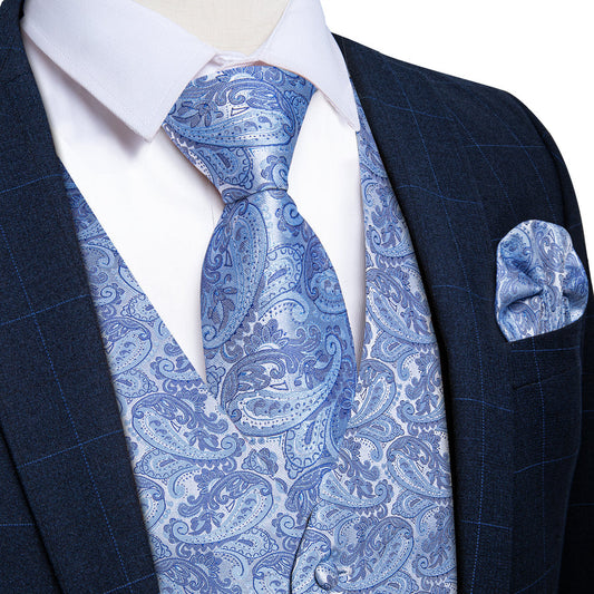 Baby Blue Paisley Silk Men's Vest Set vest set S (Chest 40")   - Sophisticated Gentlemen
