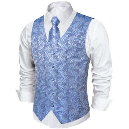 Baby Blue Paisley Silk Men's Vest Set vest set    - Sophisticated Gentlemen