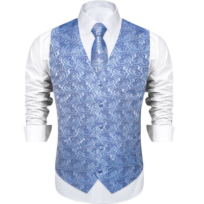 Baby Blue Paisley Silk Men's Vest Set vest set    - Sophisticated Gentlemen