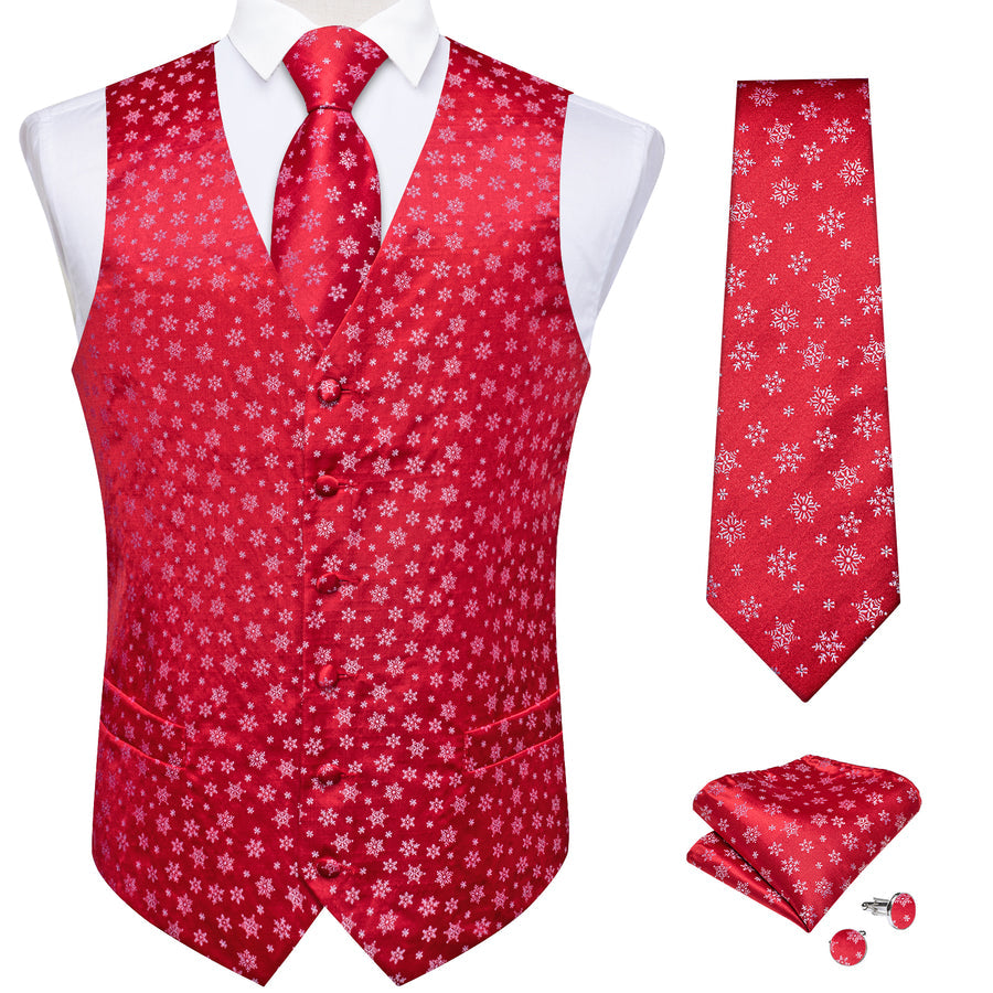 Christmas Red Snowflake Novelty Jacquard Silk Men's Vest Set vest set    - Sophisticated Gentlemen