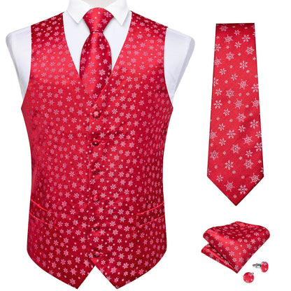 Christmas Red Snowflake Novelty Jacquard Silk Men's Vest Set vest set    - Sophisticated Gentlemen