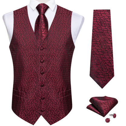 Deep Red Irregular Plaid Silk Vest Set vest set    - Sophisticated Gentlemen