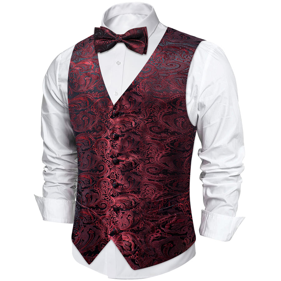 Burgundy Dark Red Paisley Silk Vest Set vest set    - Sophisticated Gentlemen