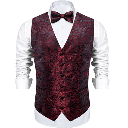 Burgundy Dark Red Paisley Silk Vest Set vest set S (Chest 40")   - Sophisticated Gentlemen