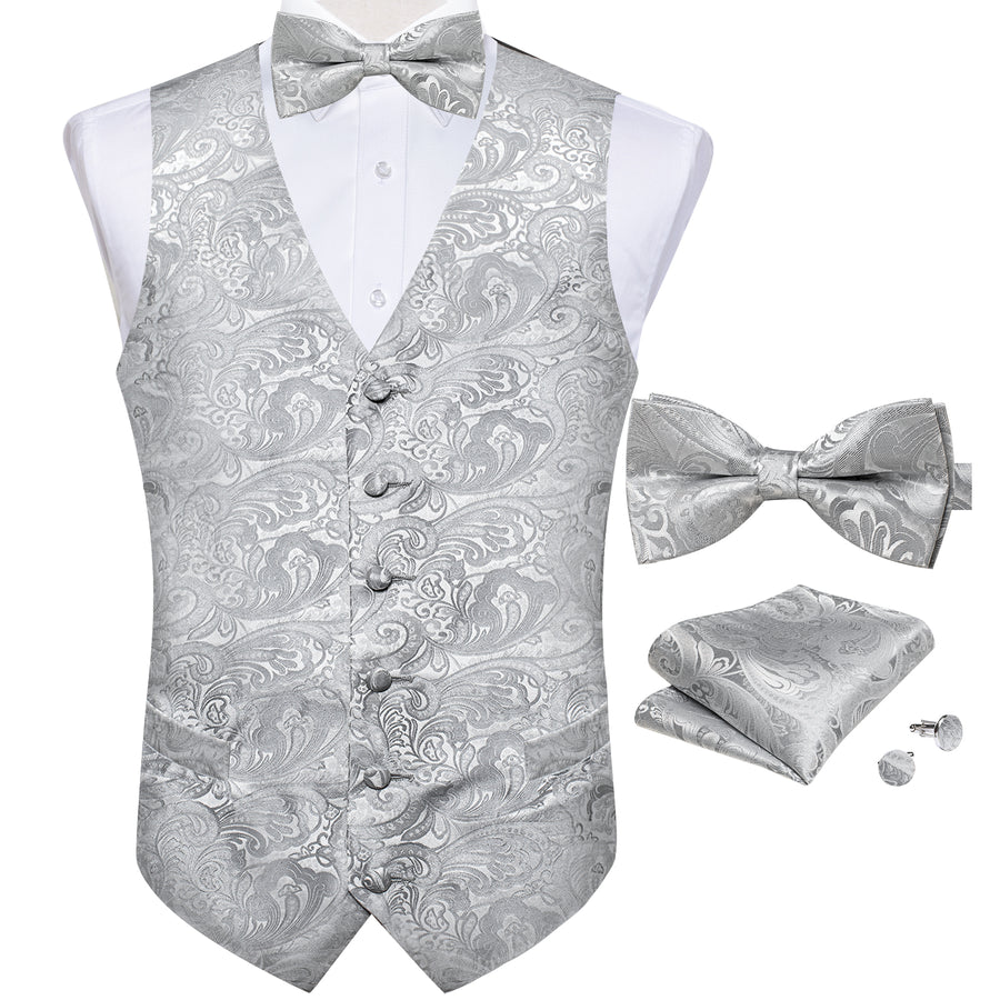 Grey Paisley Jacquard Silk Men's Bowtie Vest Set vest set    - Sophisticated Gentlemen