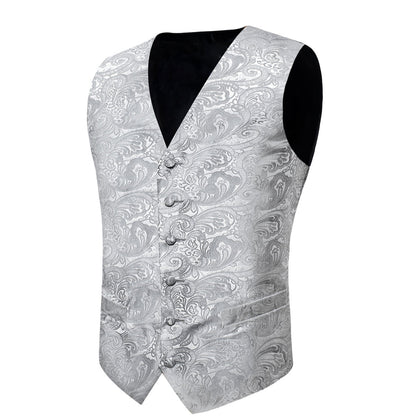 Grey Paisley Jacquard Silk Men's Bowtie Vest Set vest set    - Sophisticated Gentlemen