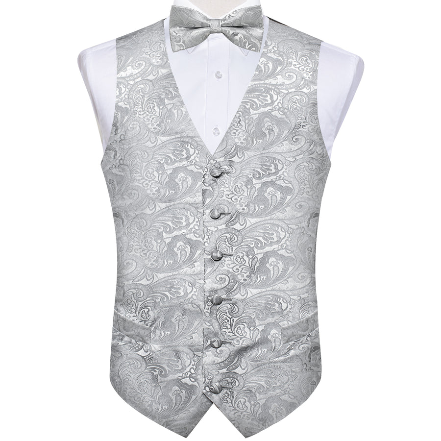 Grey Paisley Jacquard Silk Men's Bowtie Vest Set vest set    - Sophisticated Gentlemen