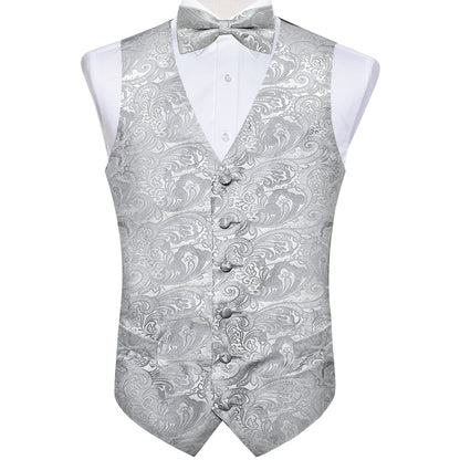 Grey Paisley Jacquard Silk Men's Bowtie Vest Set vest set    - Sophisticated Gentlemen