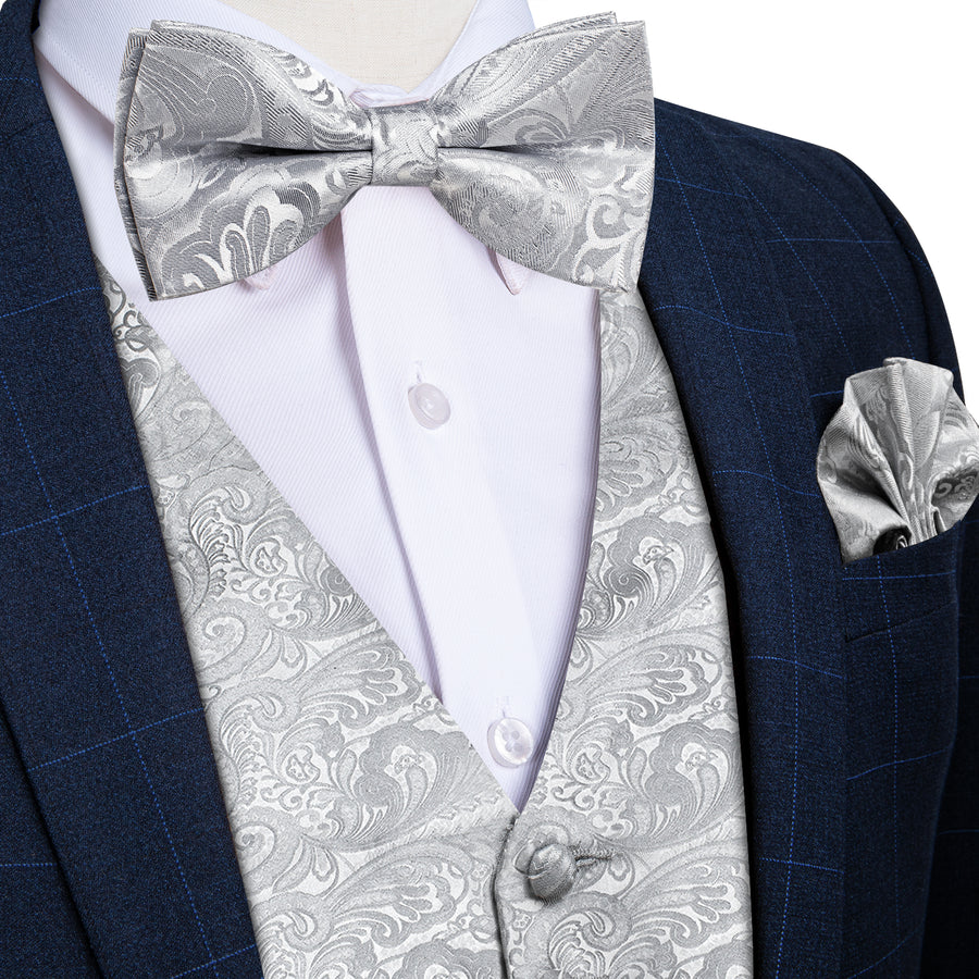 Grey Paisley Jacquard Silk Men's Bowtie Vest Set vest set S (Chest 40")   - Sophisticated Gentlemen