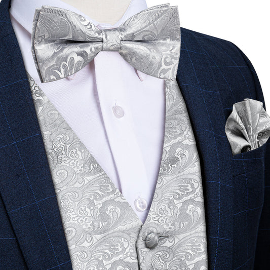 Grey Paisley Jacquard Silk Men's Bowtie Vest Set vest set S (Chest 40")   - Sophisticated Gentlemen