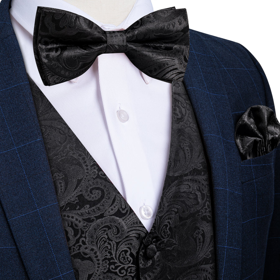 Black Paisley Jacquard Silk Vest Set vest set S (Chest 40")   - Sophisticated Gentlemen