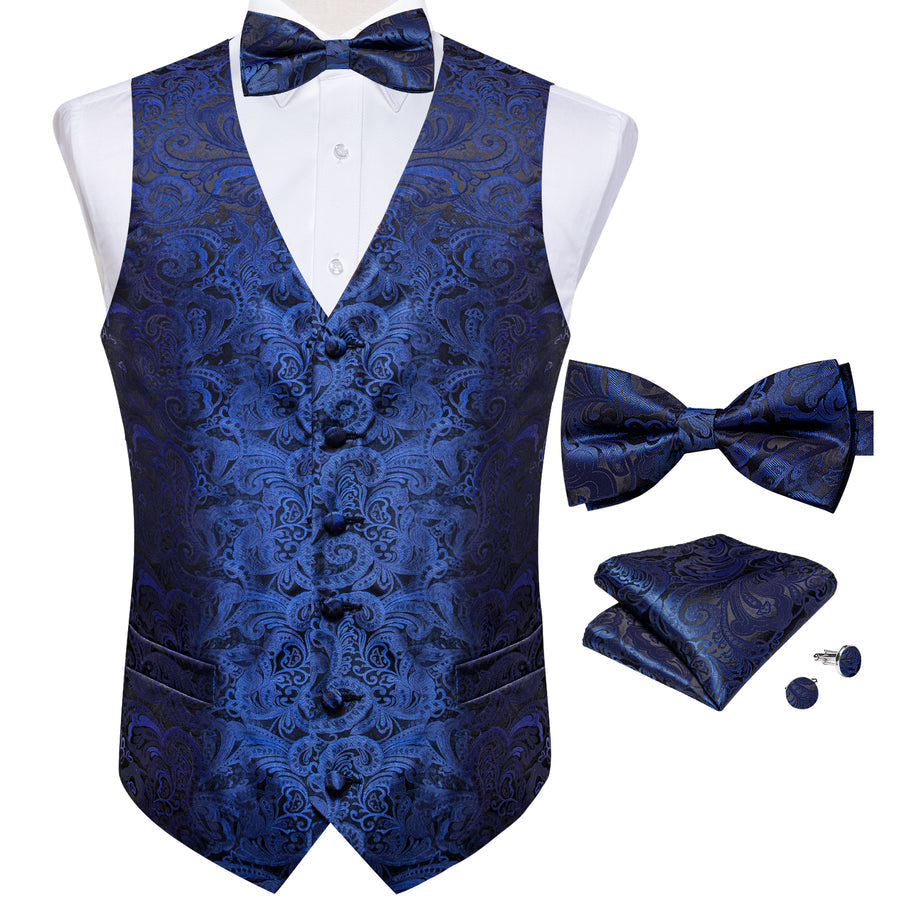 Blue Black Paisley Jacquard Silk Vest Set vest set    - Sophisticated Gentlemen