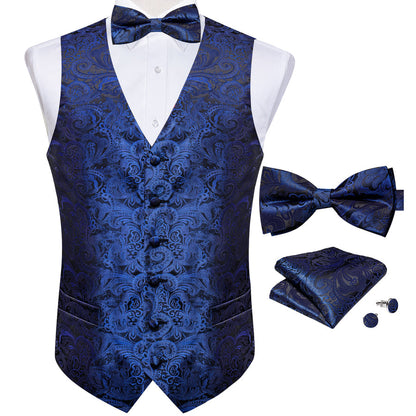 Blue Black Paisley Jacquard Silk Vest Set vest set    - Sophisticated Gentlemen