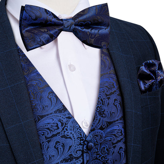 Blue Black Paisley Jacquard Silk Vest Set vest set S (Chest 40")   - Sophisticated Gentlemen