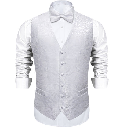 Silver White Paisley Silk Men's Vest Set vest set S (Chest 40")   - Sophisticated Gentlemen