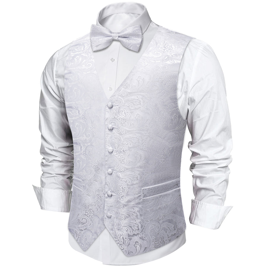 Silver White Paisley Silk Men's Vest Set vest set    - Sophisticated Gentlemen