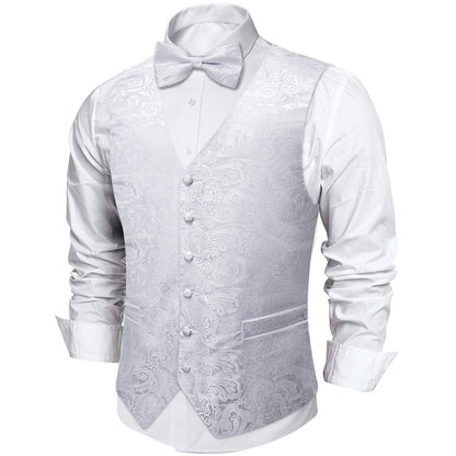 Silver White Paisley Silk Men's Vest Set vest set    - Sophisticated Gentlemen