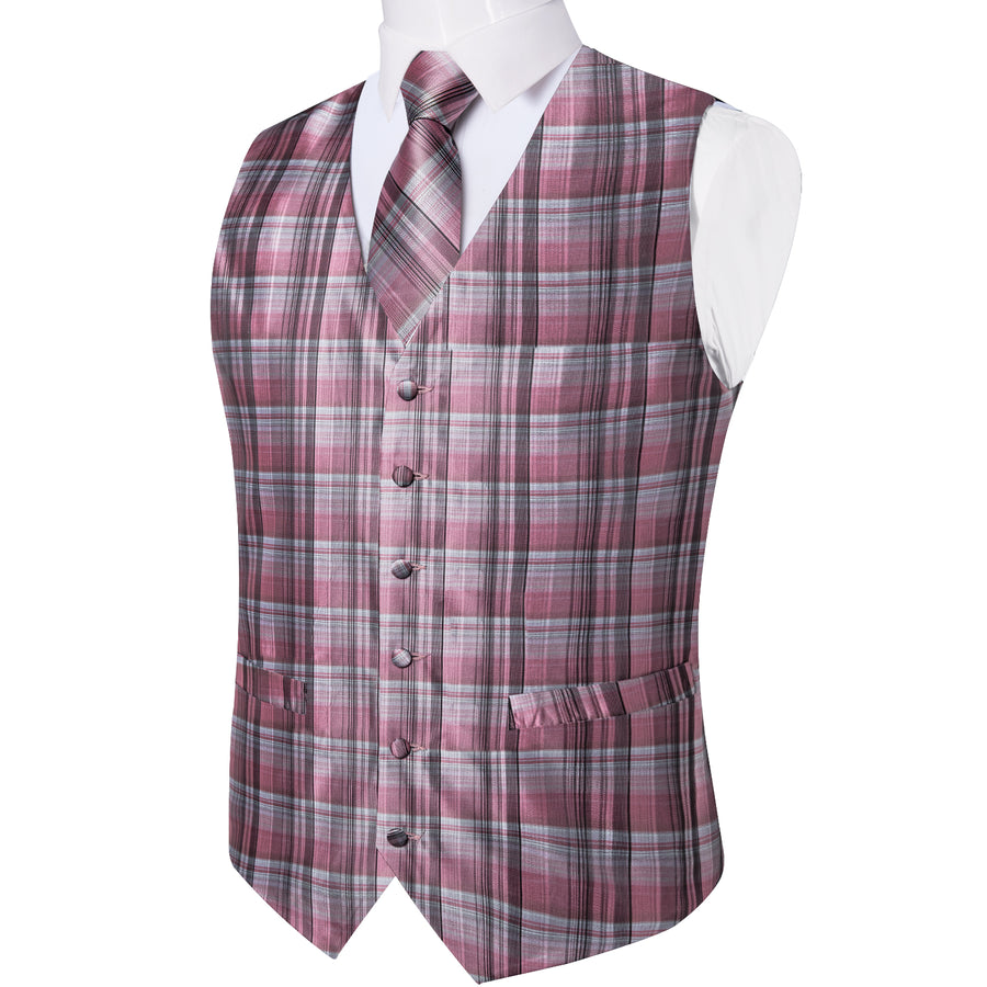 Pink Black Plaid Silk Vest Set vest set    - Sophisticated Gentlemen