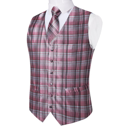 Pink Black Plaid Silk Vest Set vest set    - Sophisticated Gentlemen