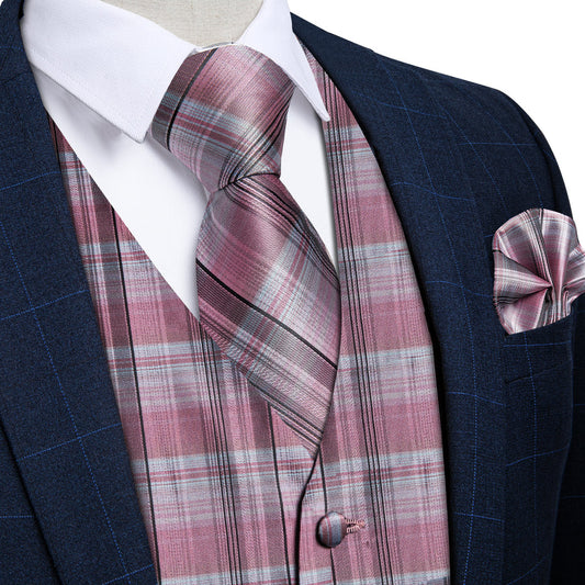 Pink Black Plaid Silk Vest Set vest set S (Chest 40")   - Sophisticated Gentlemen