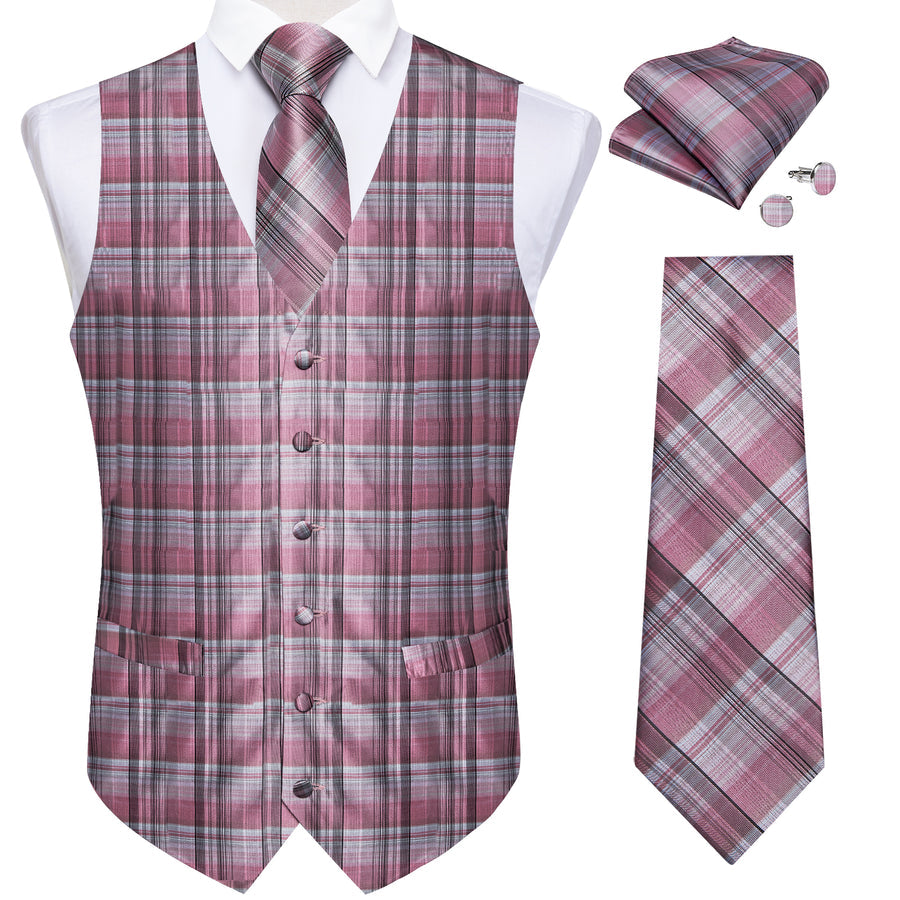 Pink Black Plaid Silk Vest Set vest set    - Sophisticated Gentlemen