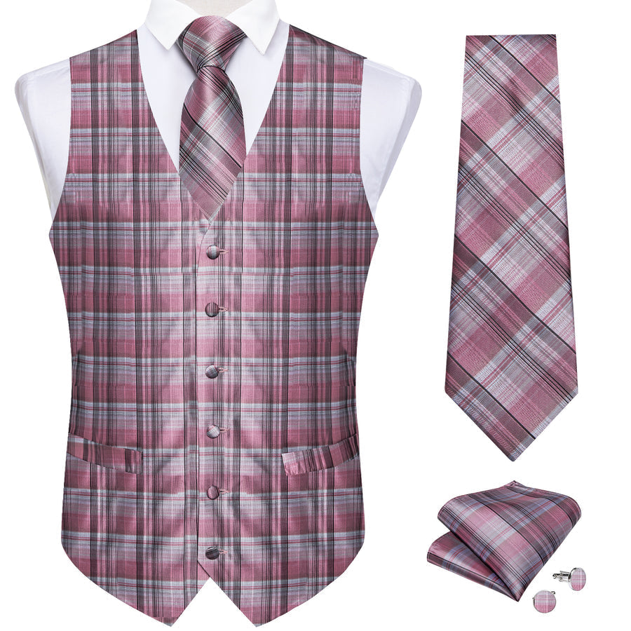 Pink Black Plaid Silk Vest Set vest set    - Sophisticated Gentlemen
