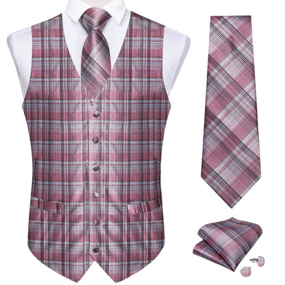 Pink Black Plaid Silk Vest Set vest set    - Sophisticated Gentlemen