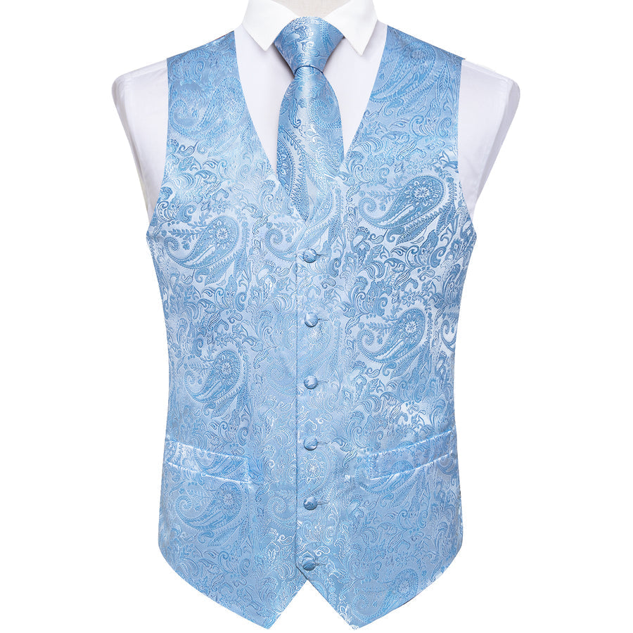 Sky Blue Paisley Silk Vest Set vest set    - Sophisticated Gentlemen