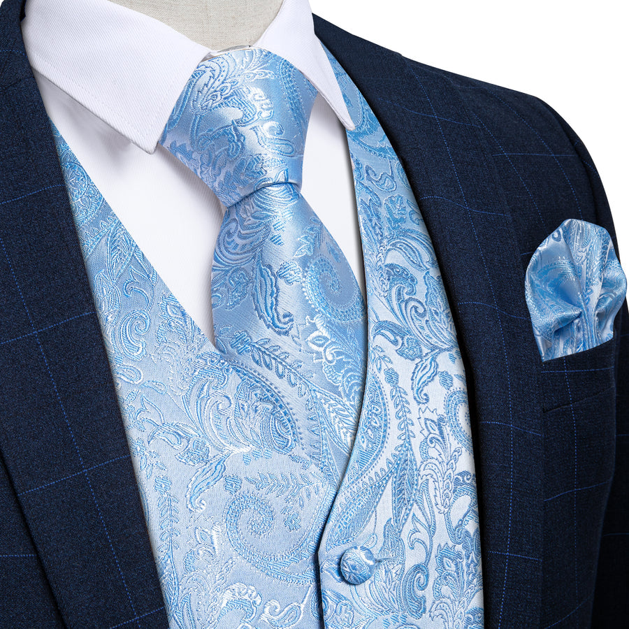 Sky Blue Paisley Silk Vest Set vest set S (Chest 40")   - Sophisticated Gentlemen