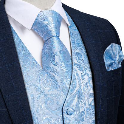 Sky Blue Paisley Silk Vest Set vest set S (Chest 40")   - Sophisticated Gentlemen