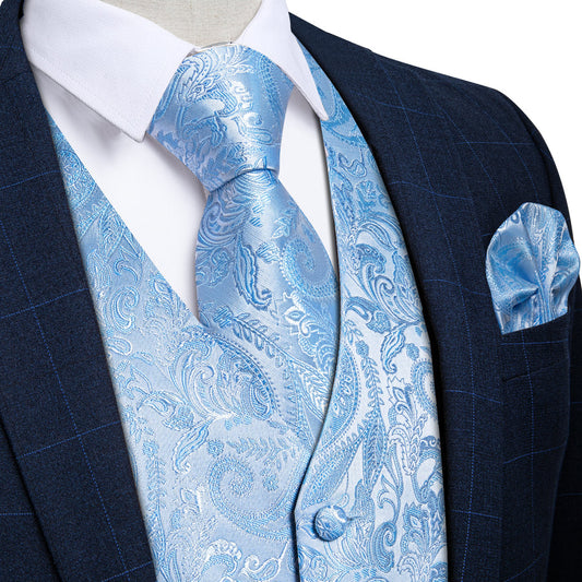 Sky Blue Paisley Silk Vest Set vest set S (Chest 40")   - Sophisticated Gentlemen
