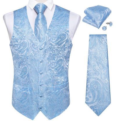 Sky Blue Paisley Silk Vest Set vest set    - Sophisticated Gentlemen