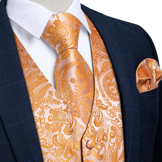 Orange Paisley Silk Vest Set vest set S (Chest 40")   - Sophisticated Gentlemen