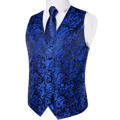 Royal Blue Paisley Silk Men's Vest Set vest set    - Sophisticated Gentlemen