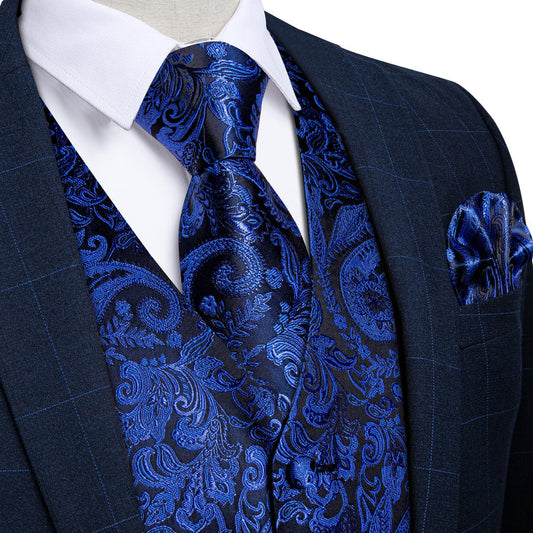 Royal Blue Paisley Silk Men's Vest Set vest set S (Chest 40")   - Sophisticated Gentlemen