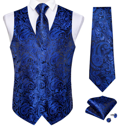 Royal Blue Paisley Silk Men's Vest Set vest set    - Sophisticated Gentlemen