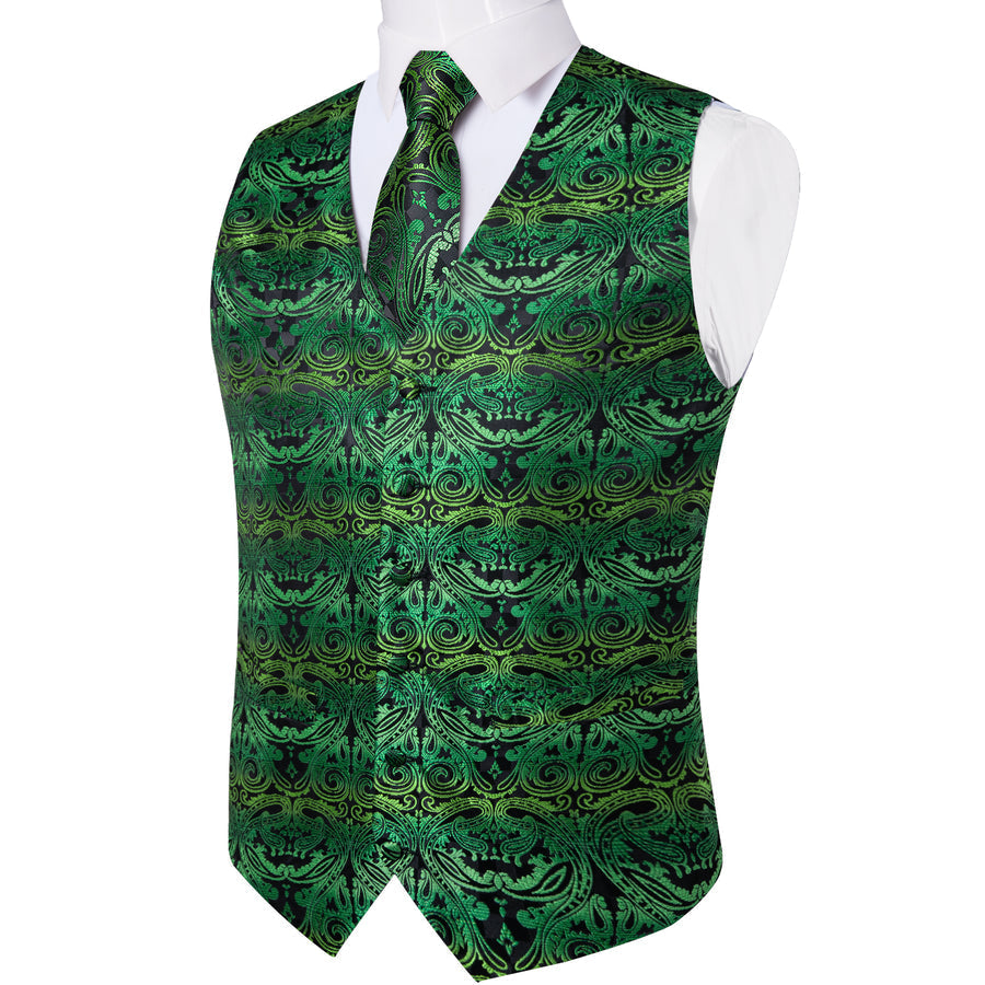Green Paisley Silk Men's Vest Set vest set    - Sophisticated Gentlemen