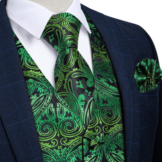 Green Paisley Silk Men's Vest Set vest set S (Chest 40")   - Sophisticated Gentlemen