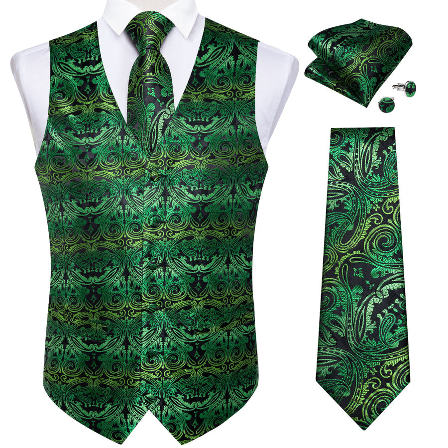 Green Paisley Silk Men's Vest Set vest set    - Sophisticated Gentlemen