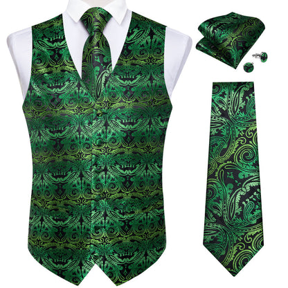 Green Paisley Silk Men's Vest Set vest set    - Sophisticated Gentlemen