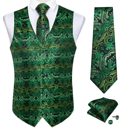 Green Paisley Silk Men's Vest Set vest set    - Sophisticated Gentlemen