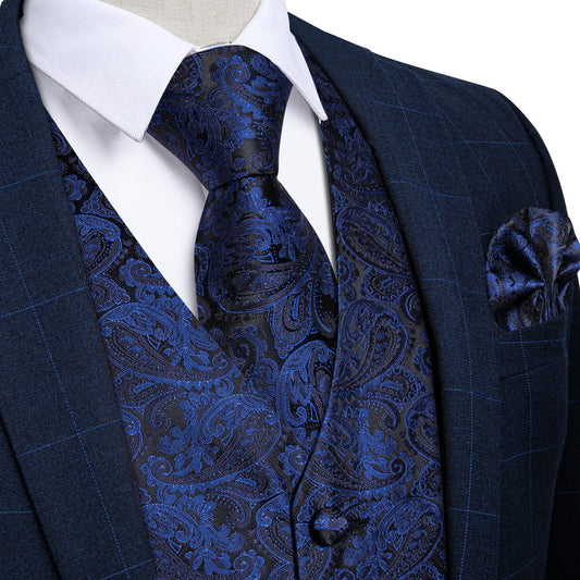 Navy Blue Paisley Silk Vest Set vest set S (Chest 40")   - Sophisticated Gentlemen