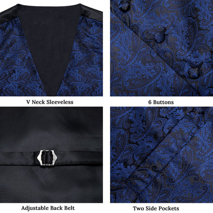 Navy Blue Paisley Silk Vest Set vest set    - Sophisticated Gentlemen